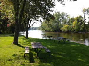 picnic tables at the river